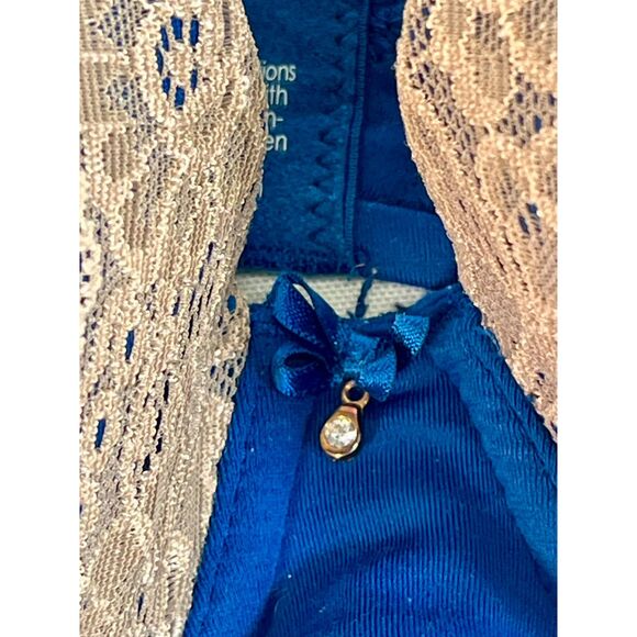 SOMA Embraceable Full Coverage Lace Trim Blue Beige Bra 34D EUC Underwire Bow - Picture 5 of 6